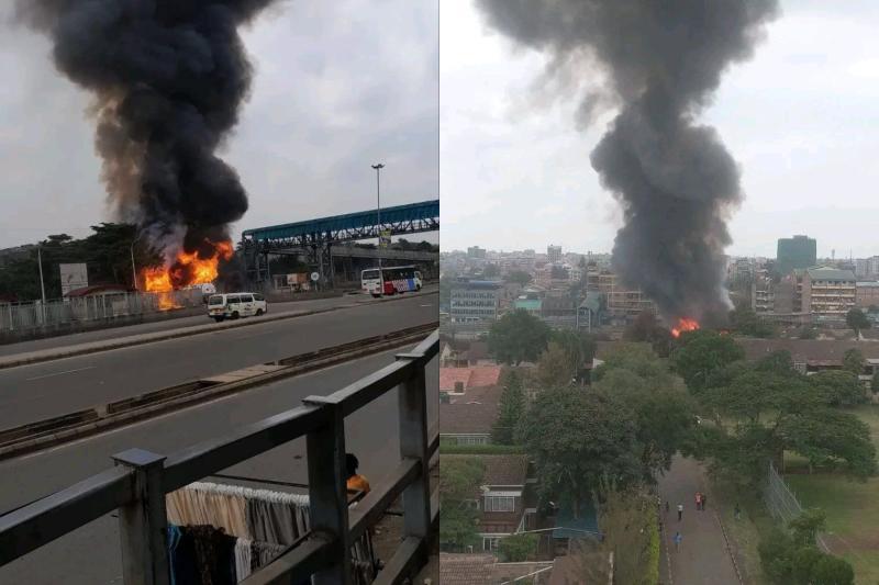 A composite image of an LPG tanker on fire along Outering Road.